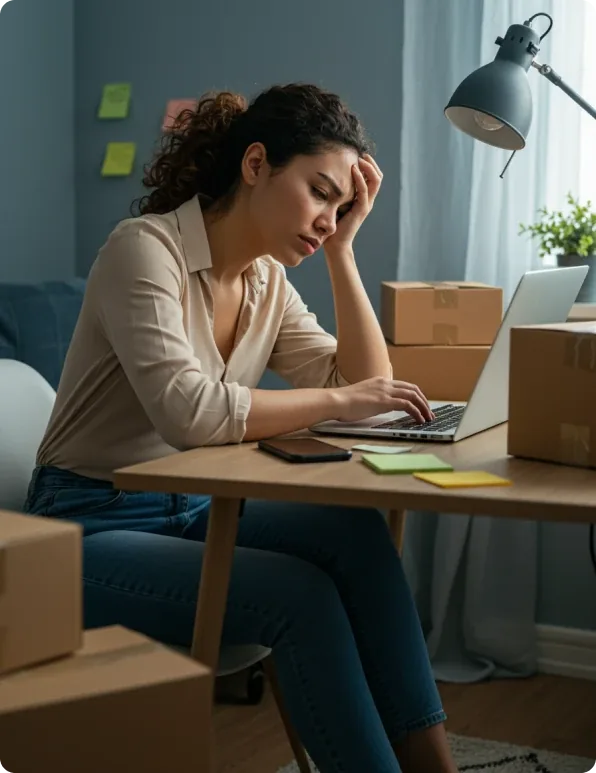 Emprendedora agotada frente a su computadora, rodeada de cajas sin despachar